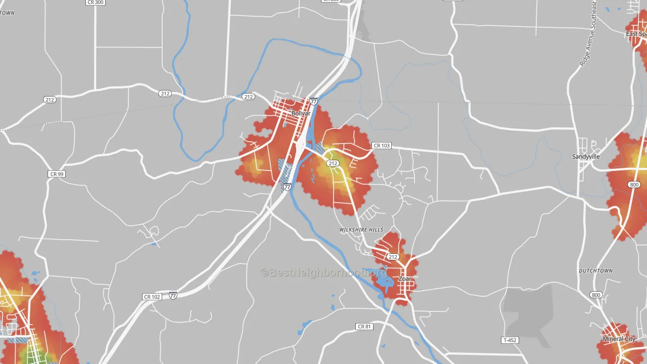 Walk Grade map of Bolivar, OH, walkable areas in green and car-dependent areas in red