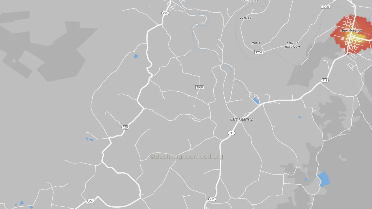 Walk Grade map of Bolivar, PA, walkable areas in green and car-dependent areas in red