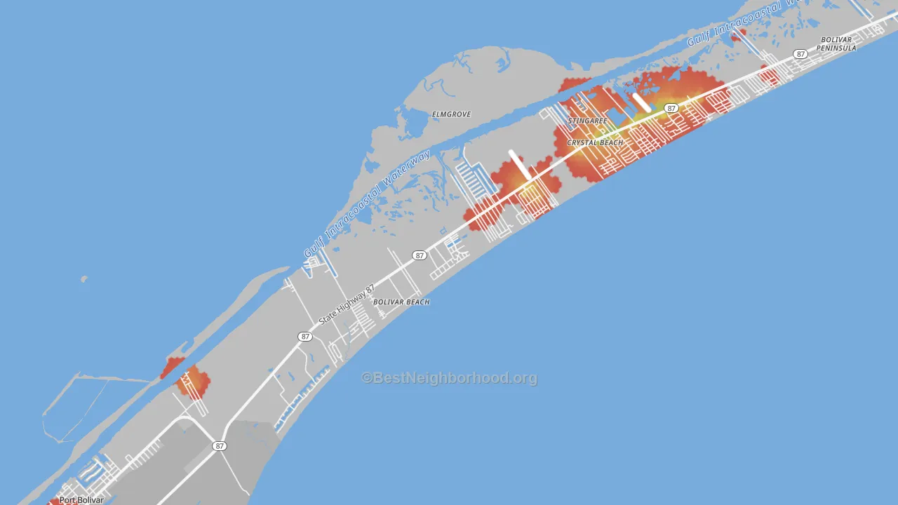Walk Grade map of Bolivar Peninsula, TX, walkable areas in green and car-dependent areas in red
