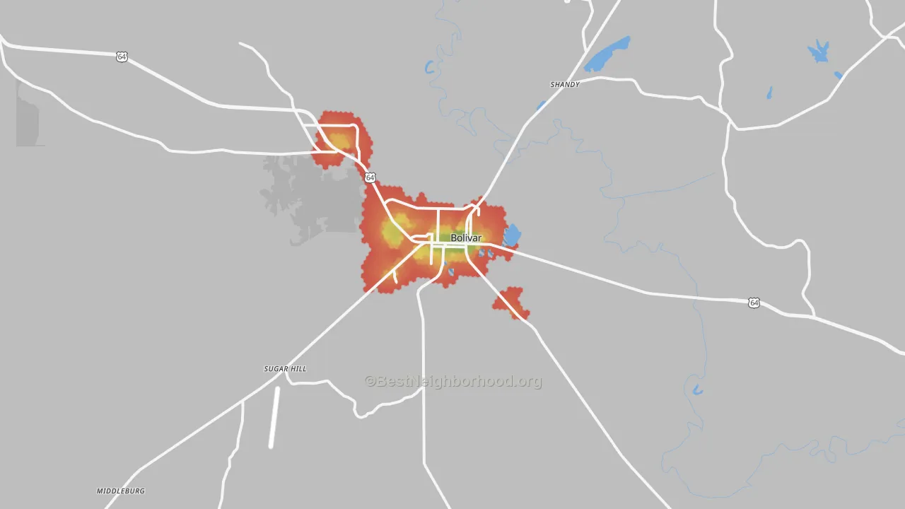 Walk Grade map of Bolivar, TN, walkable areas in green and car-dependent areas in red