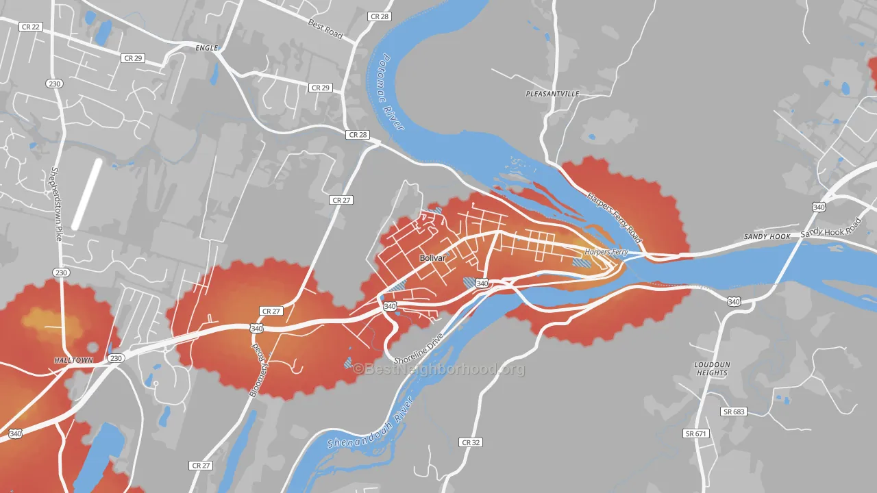 Walk Grade map of Bolivar, WV, walkable areas in green and car-dependent areas in red