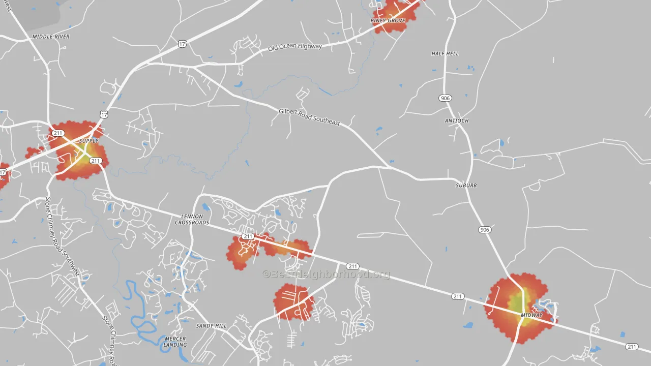 Walk Grade map of Bolivia, NC, walkable areas in green and car-dependent areas in red