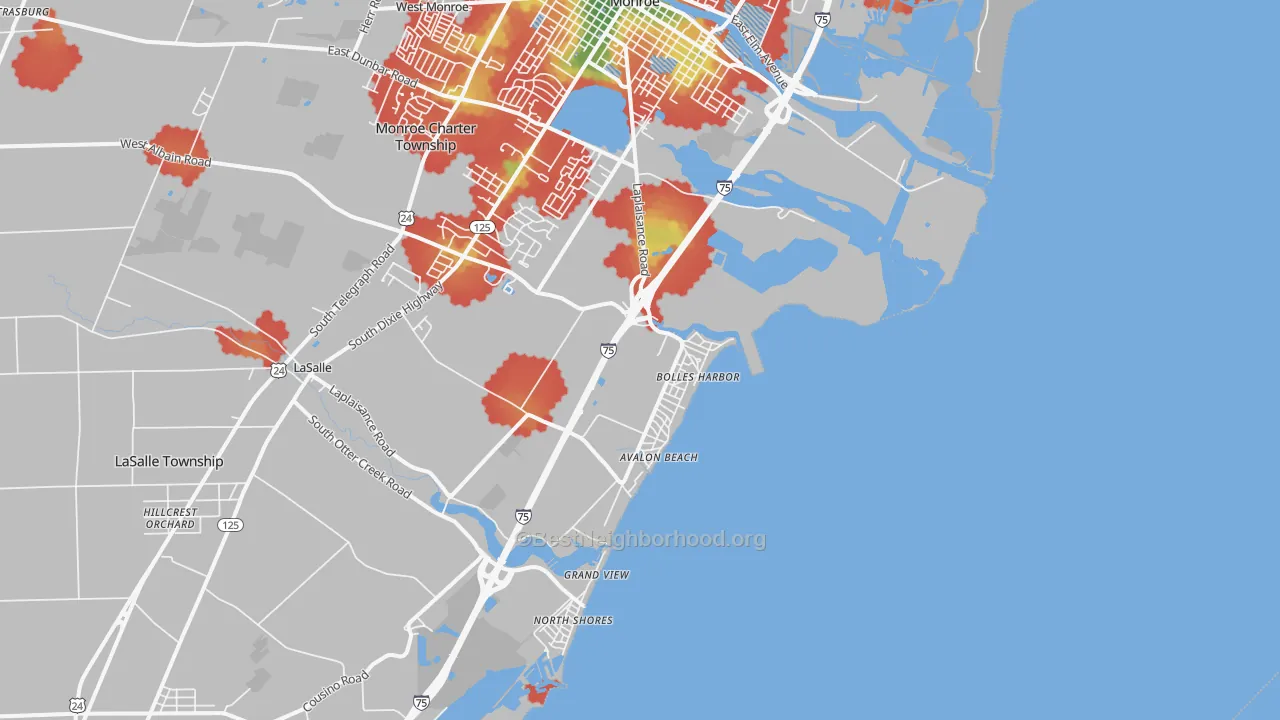 Walk Grade map of Bolles Harbor, MI, walkable areas in green and car-dependent areas in red