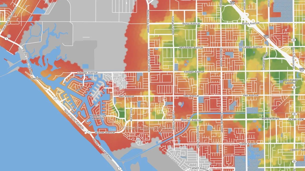 Walk Grade map of Bolsa Chica-Heil, Huntington Beach, CA, walkable areas in green and car-dependent areas in red
