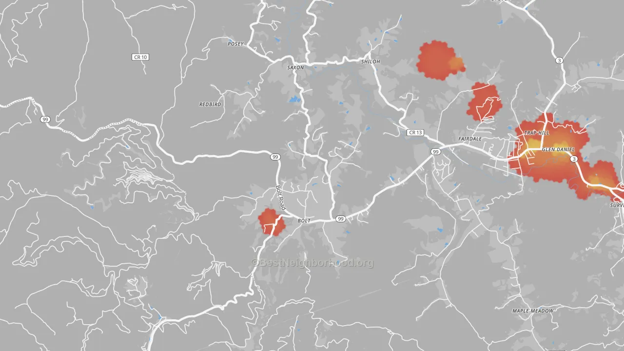 Walk Grade map of Bolt, WV, walkable areas in green and car-dependent areas in red