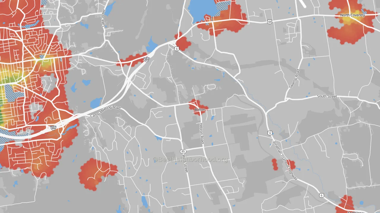 Walk Grade map of Bolton, CT, walkable areas in green and car-dependent areas in red