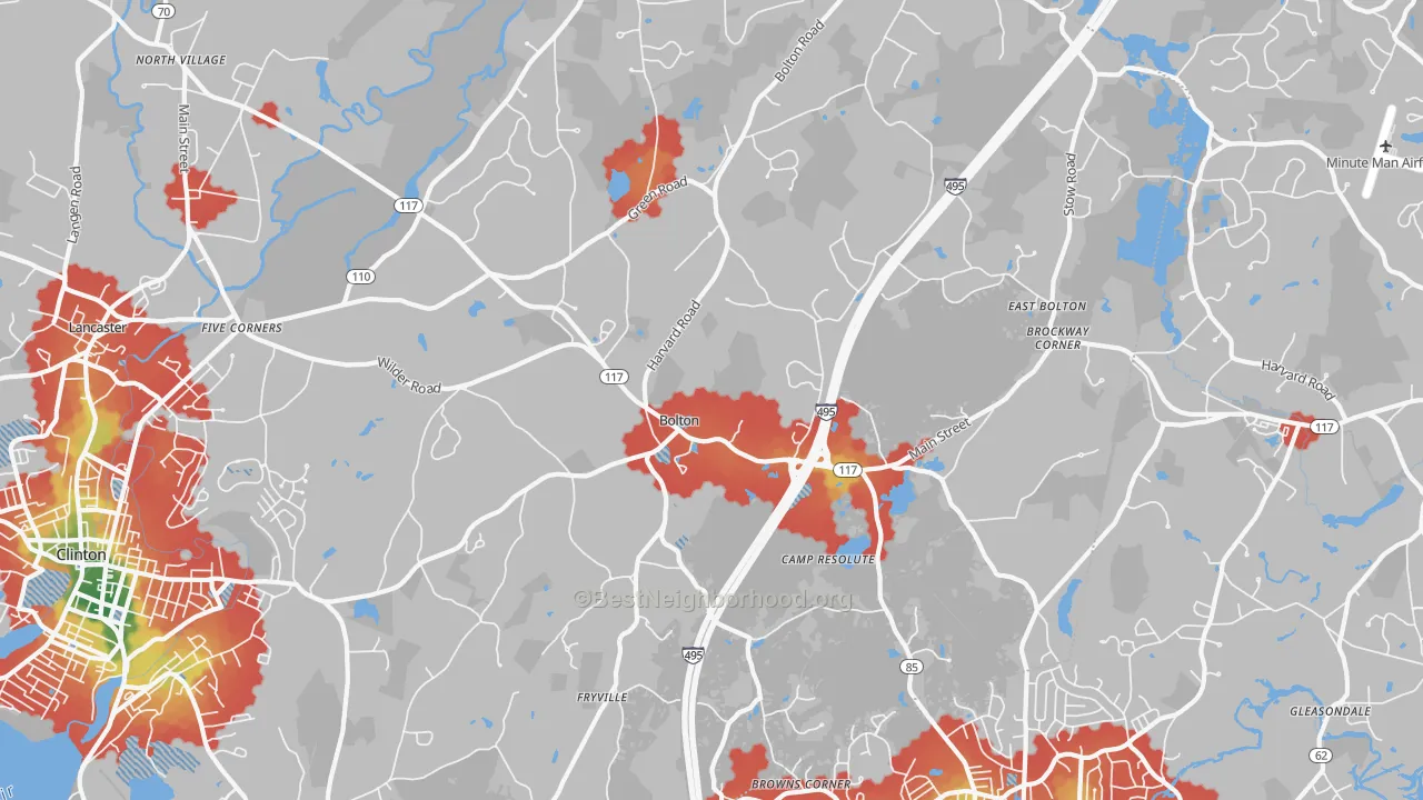 Walk Grade map of Bolton, MA, walkable areas in green and car-dependent areas in red