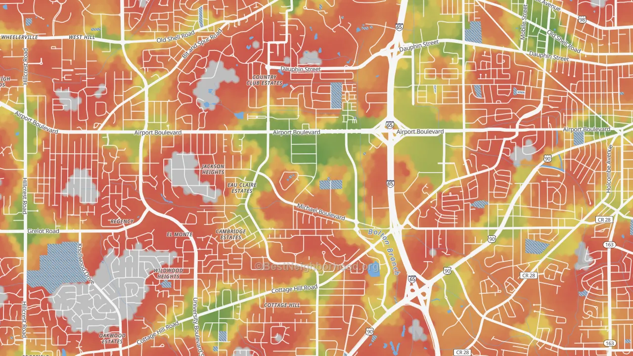 Walk Grade map of Bolton, Mobile, AL, walkable areas in green and car-dependent areas in red