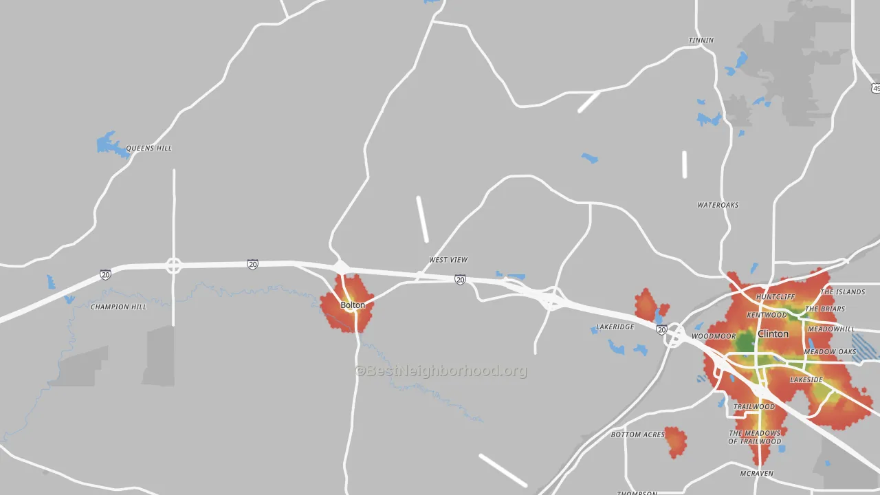 Walk Grade map of Bolton, MS, walkable areas in green and car-dependent areas in red