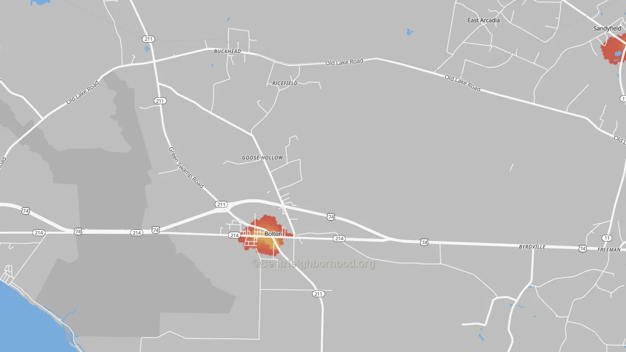 Walk Grade map of Bolton, NC, walkable areas in green and car-dependent areas in red