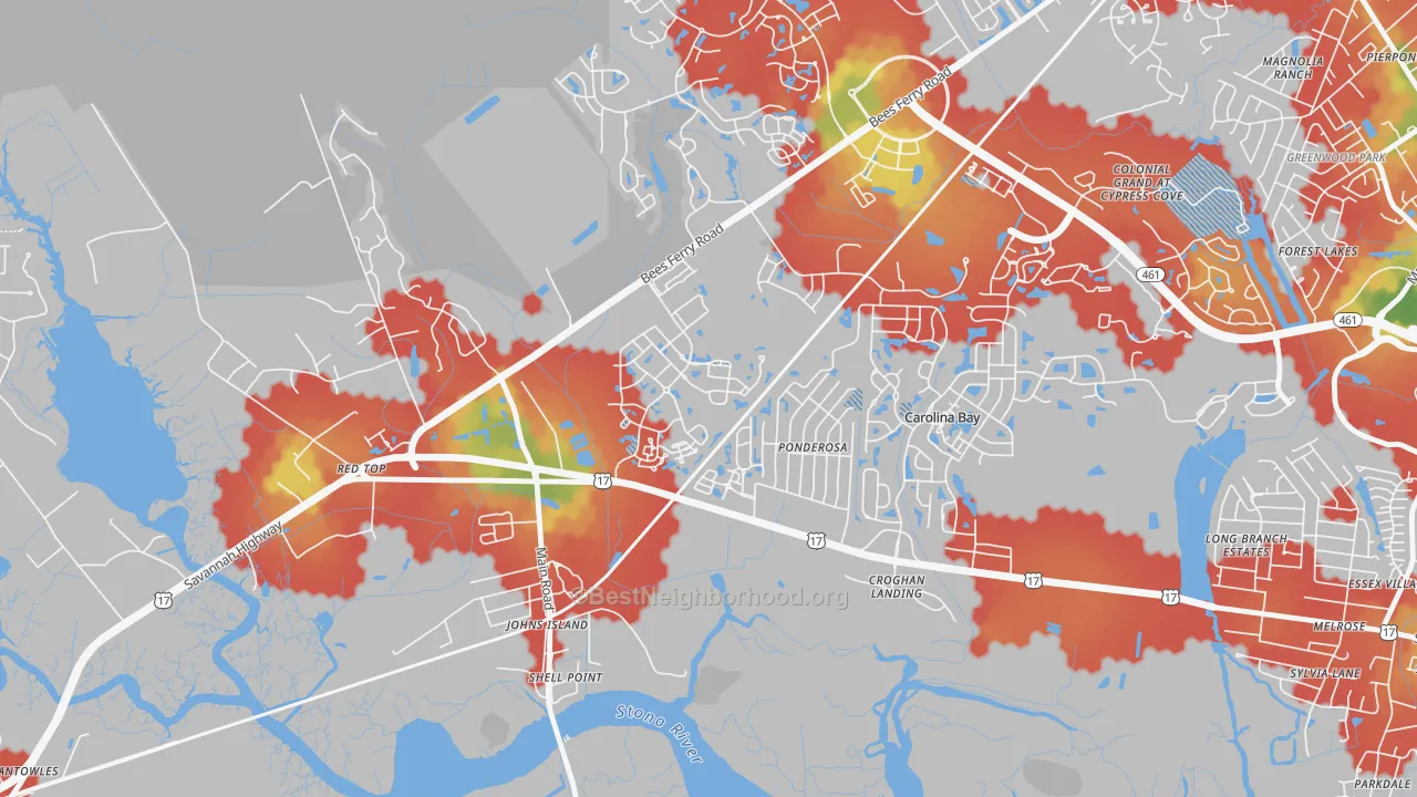 Walk Grade map of Boltons Landing, Charleston, SC, walkable areas in green and car-dependent areas in red