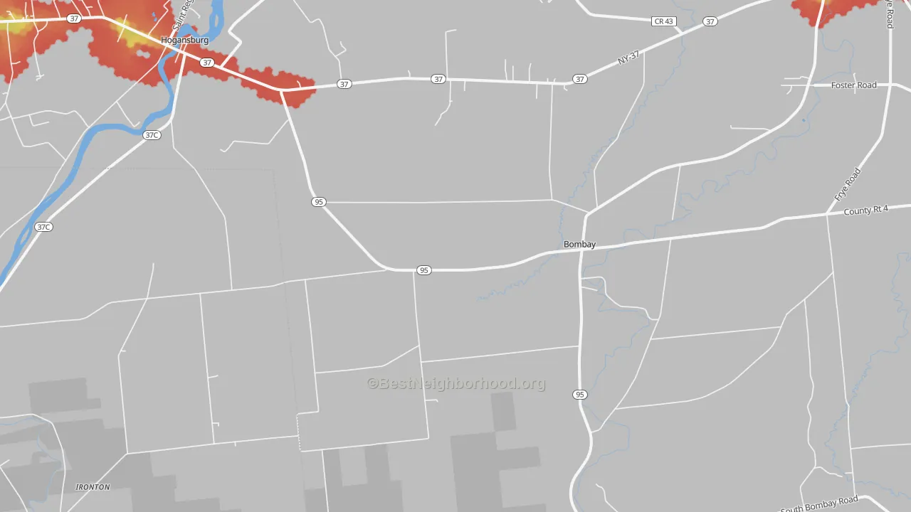 Walk Grade map of Bombay, NY, walkable areas in green and car-dependent areas in red