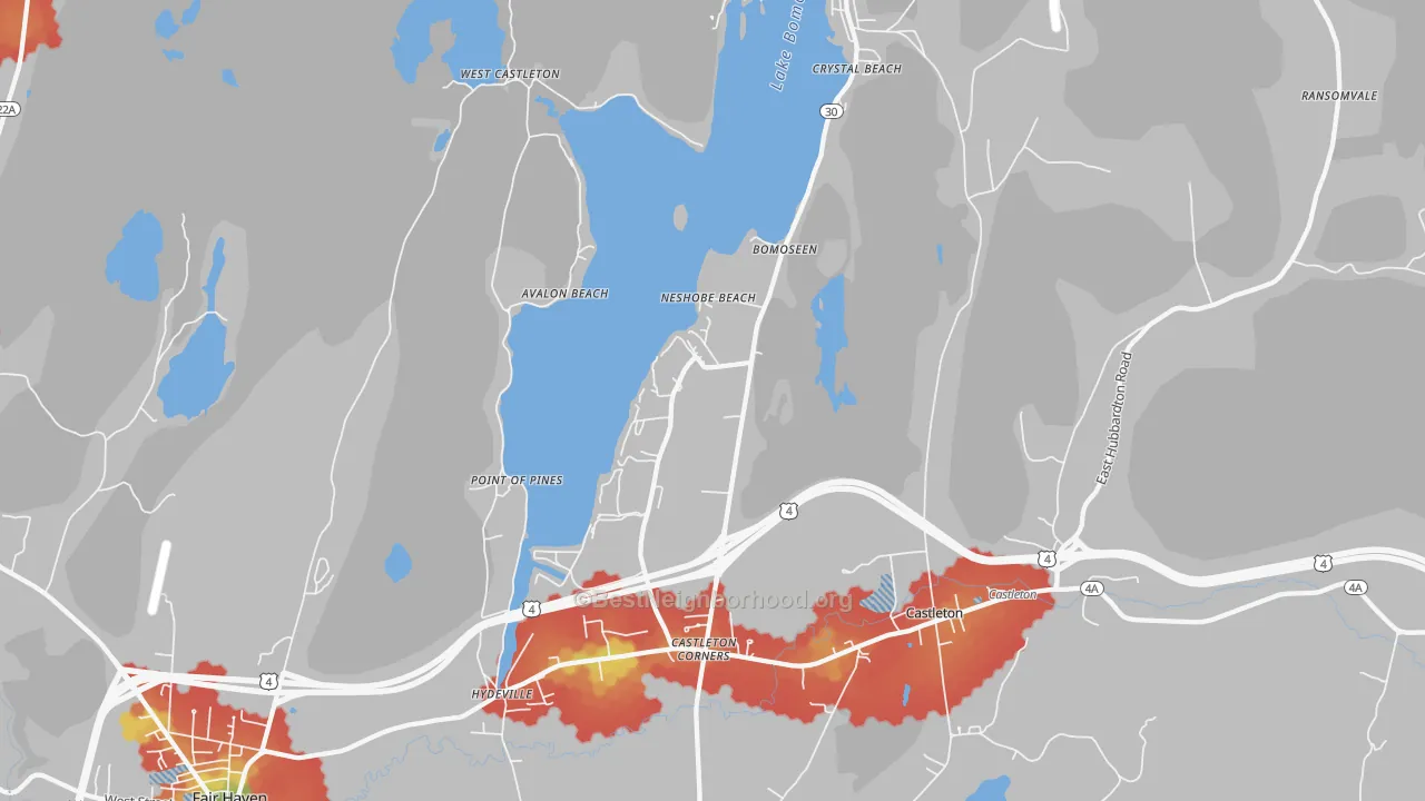 Walk Grade map of Bomoseen, VT, walkable areas in green and car-dependent areas in red