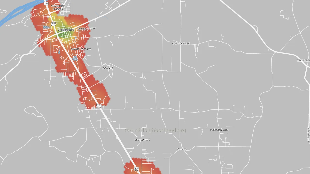 Walk Grade map of Bon Air, AL, walkable areas in green and car-dependent areas in red