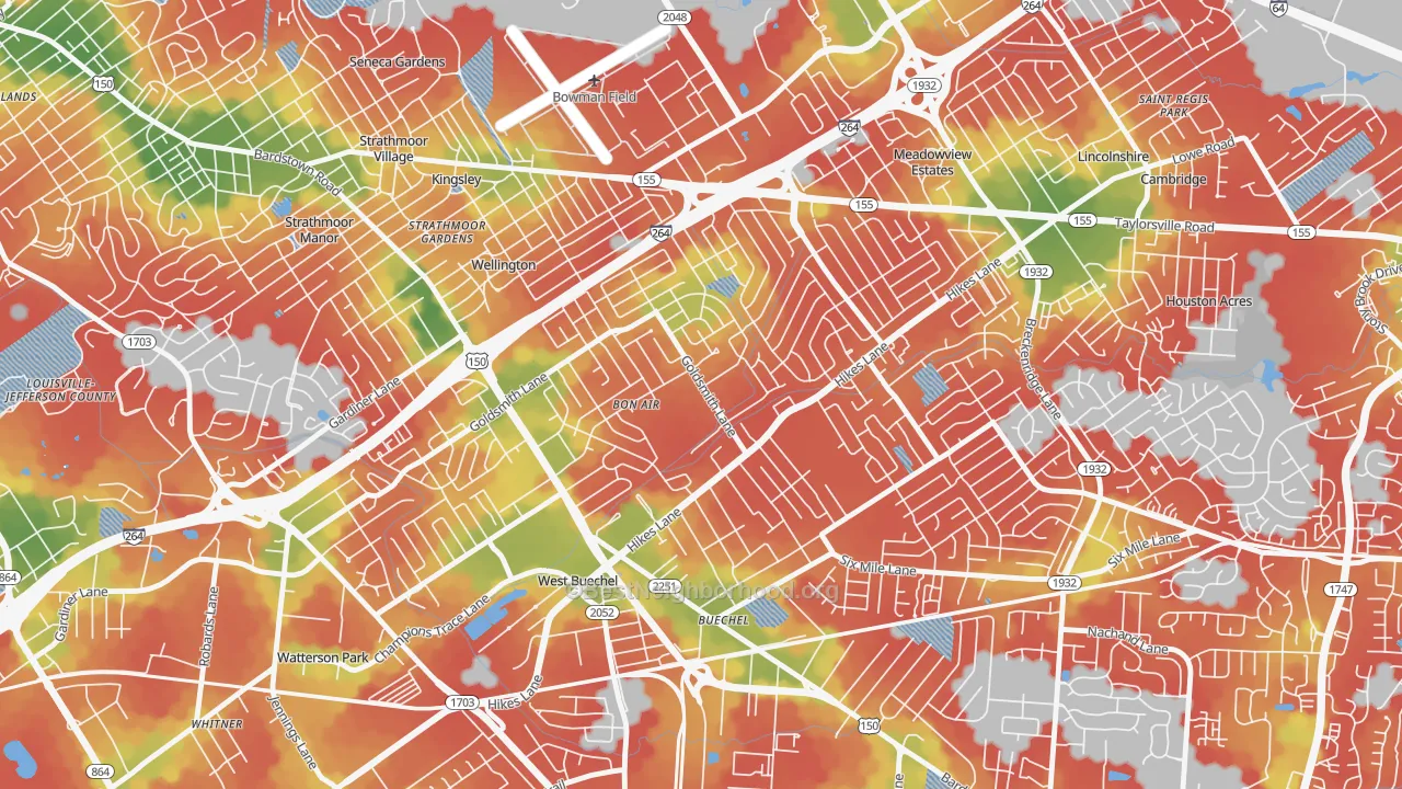 Walk Grade map of Bon Air, Louisville, KY, walkable areas in green and car-dependent areas in red