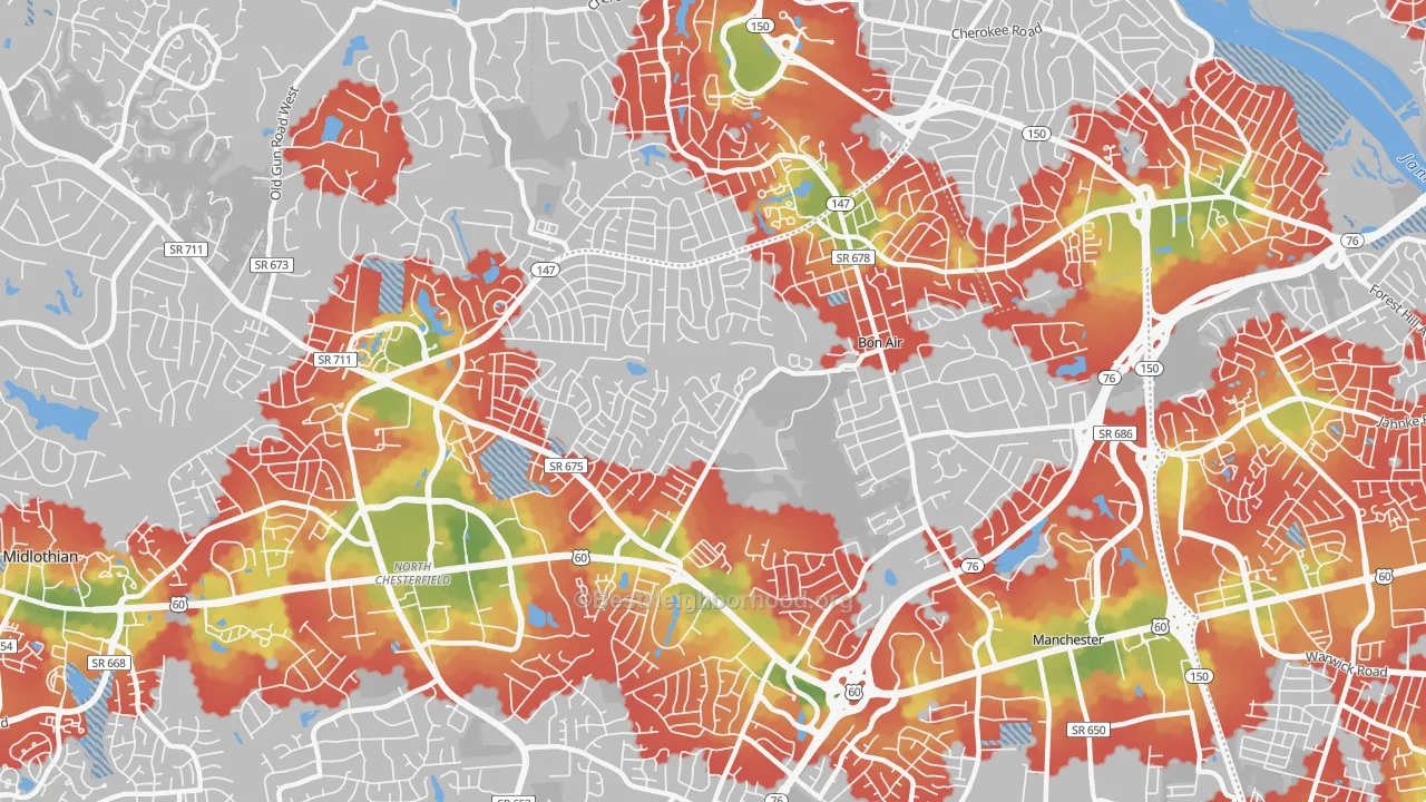 Walk Grade map of Bon Air, VA, walkable areas in green and car-dependent areas in red