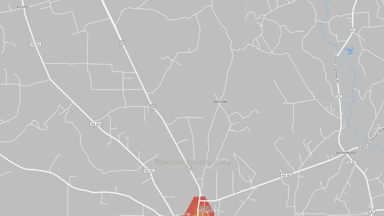 Walk Grade map of Bon Ami, TX, walkable areas in green and car-dependent areas in red