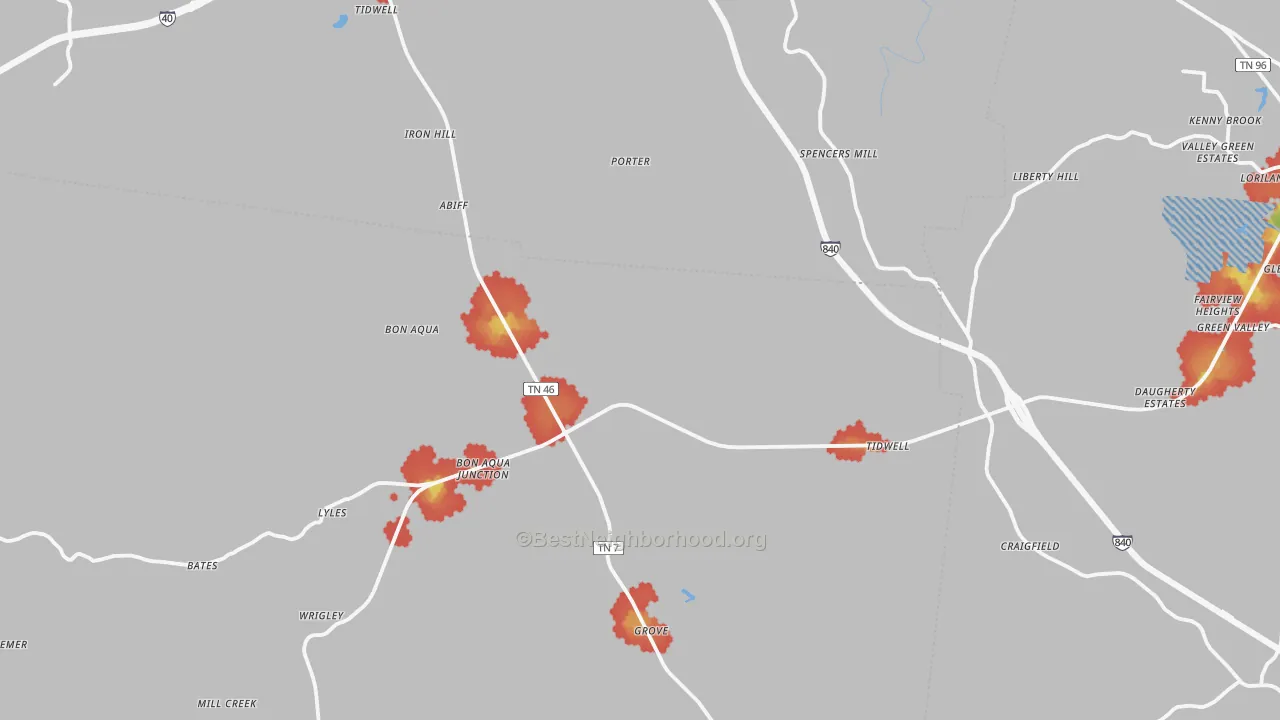 Walk Grade map of Bon Aqua, TN, walkable areas in green and car-dependent areas in red