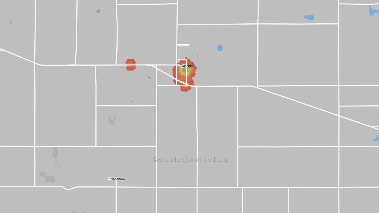 Walk Grade map of Bon Homme County, SD, walkable areas in green and car-dependent areas in red