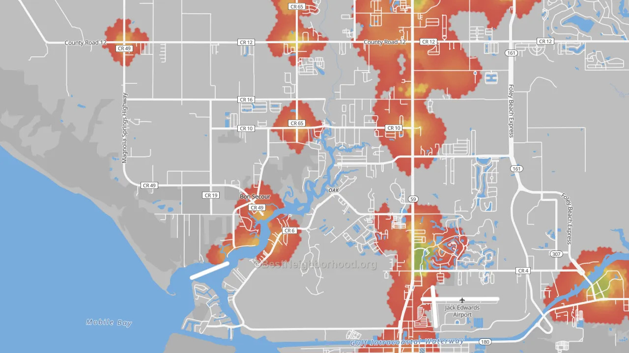 Walk Grade map of Bon Secour, AL, walkable areas in green and car-dependent areas in red