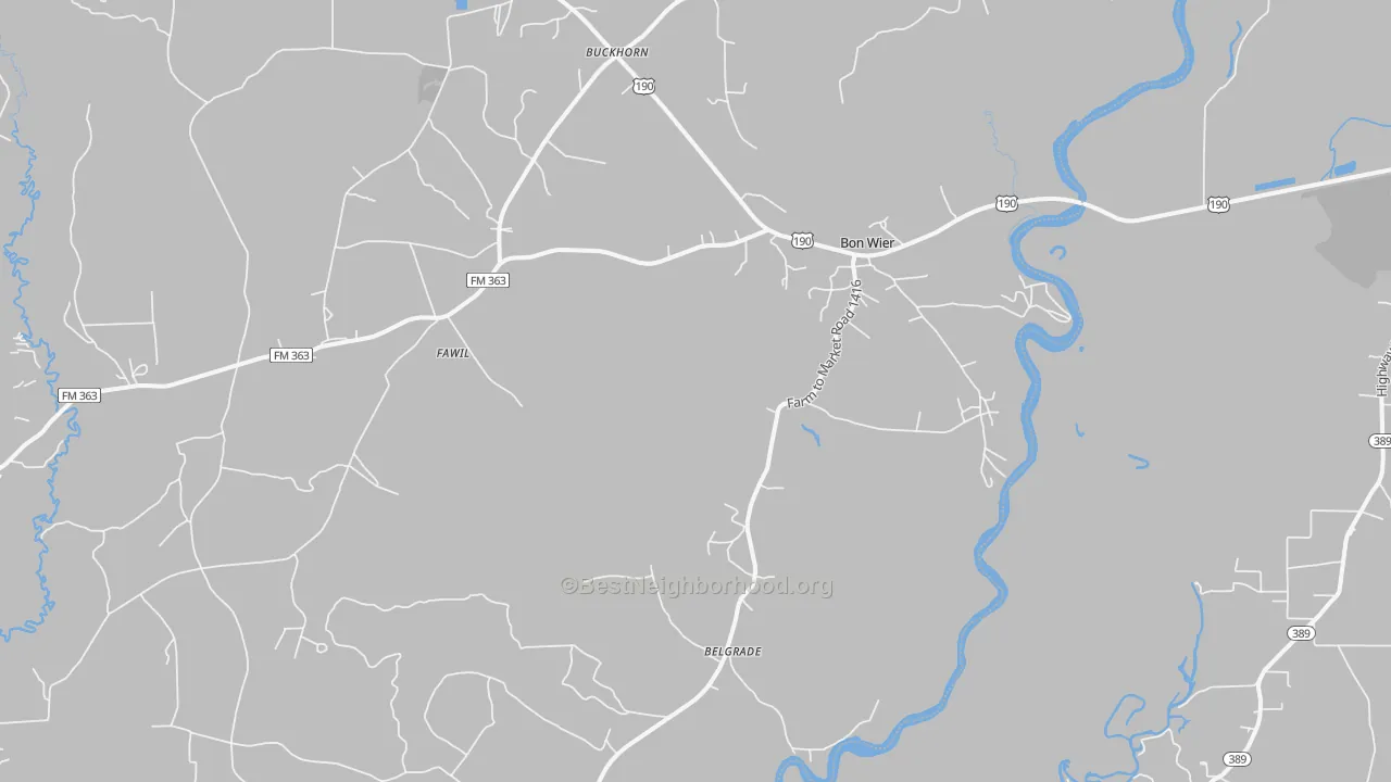 Walk Grade map of Bon Wier, TX, walkable areas in green and car-dependent areas in red