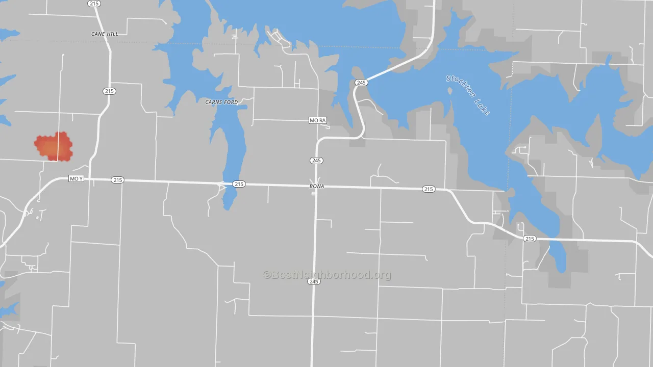 Walk Grade map of Bona, MO, walkable areas in green and car-dependent areas in red