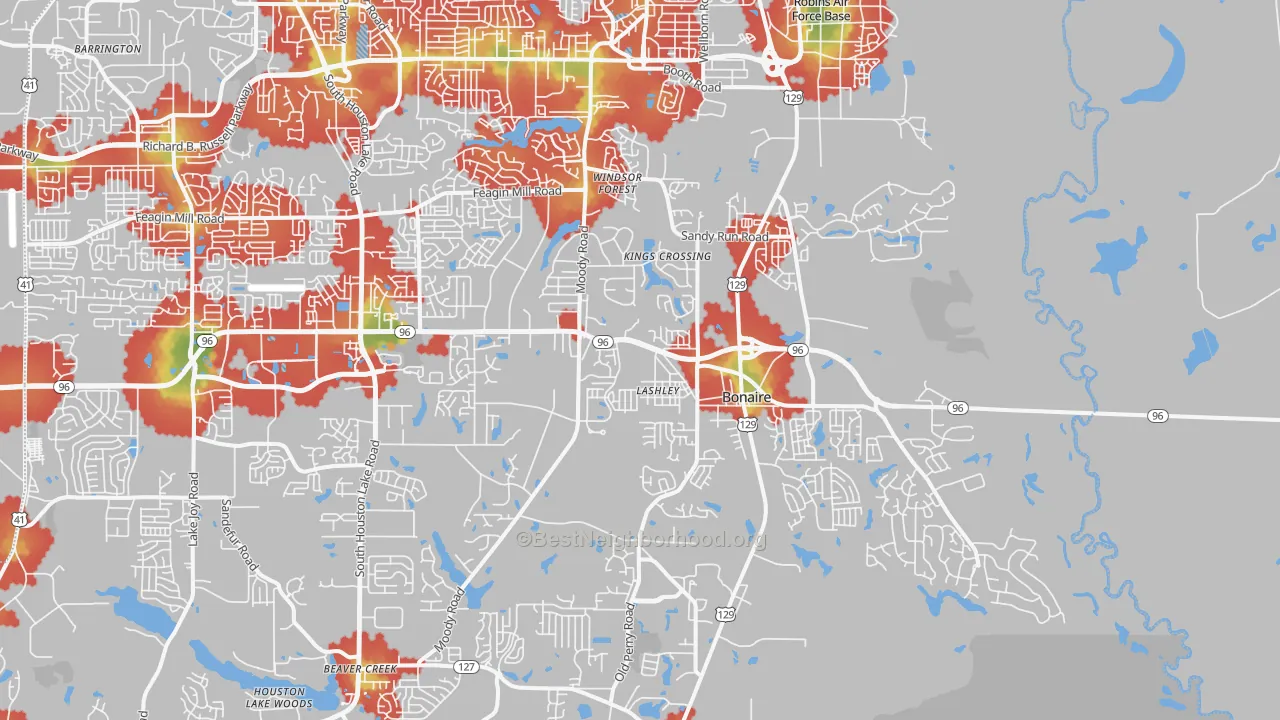 Walk Grade map of Bonaire, GA, walkable areas in green and car-dependent areas in red