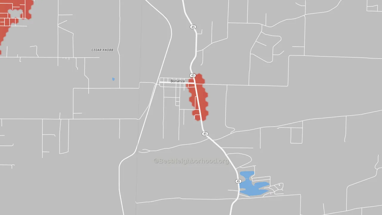Walk Grade map of Bonanza, AR, walkable areas in green and car-dependent areas in red