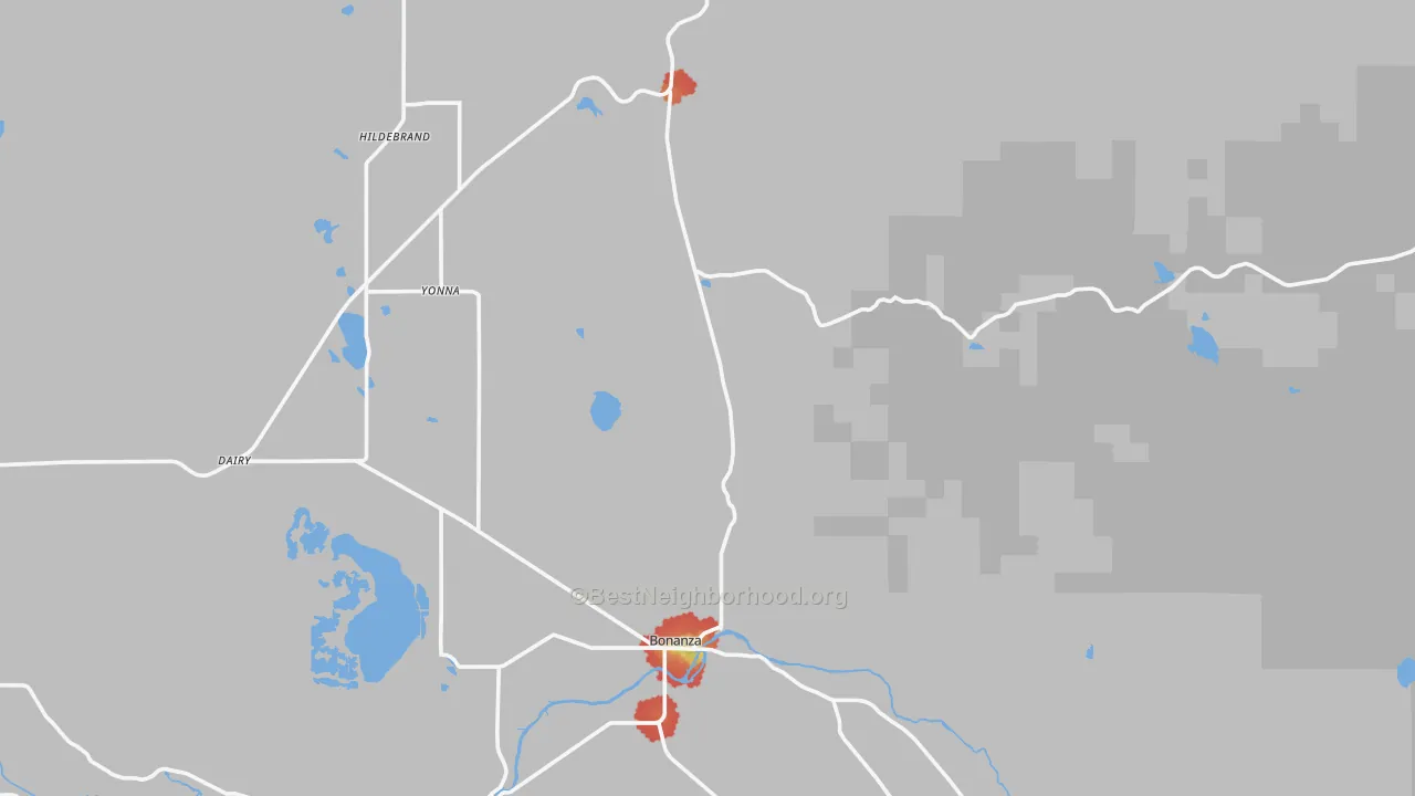 Walk Grade map of Bonanza, OR, walkable areas in green and car-dependent areas in red