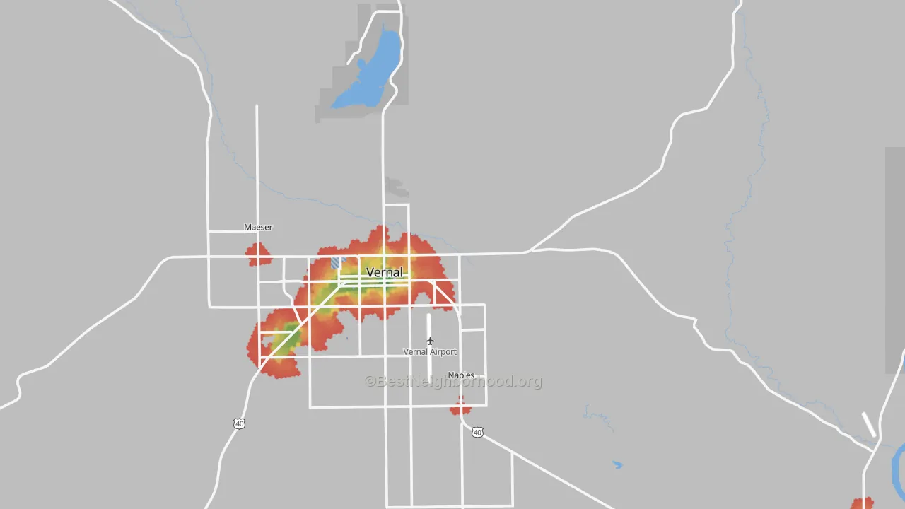 Walk Grade map of Bonanza, UT, walkable areas in green and car-dependent areas in red
