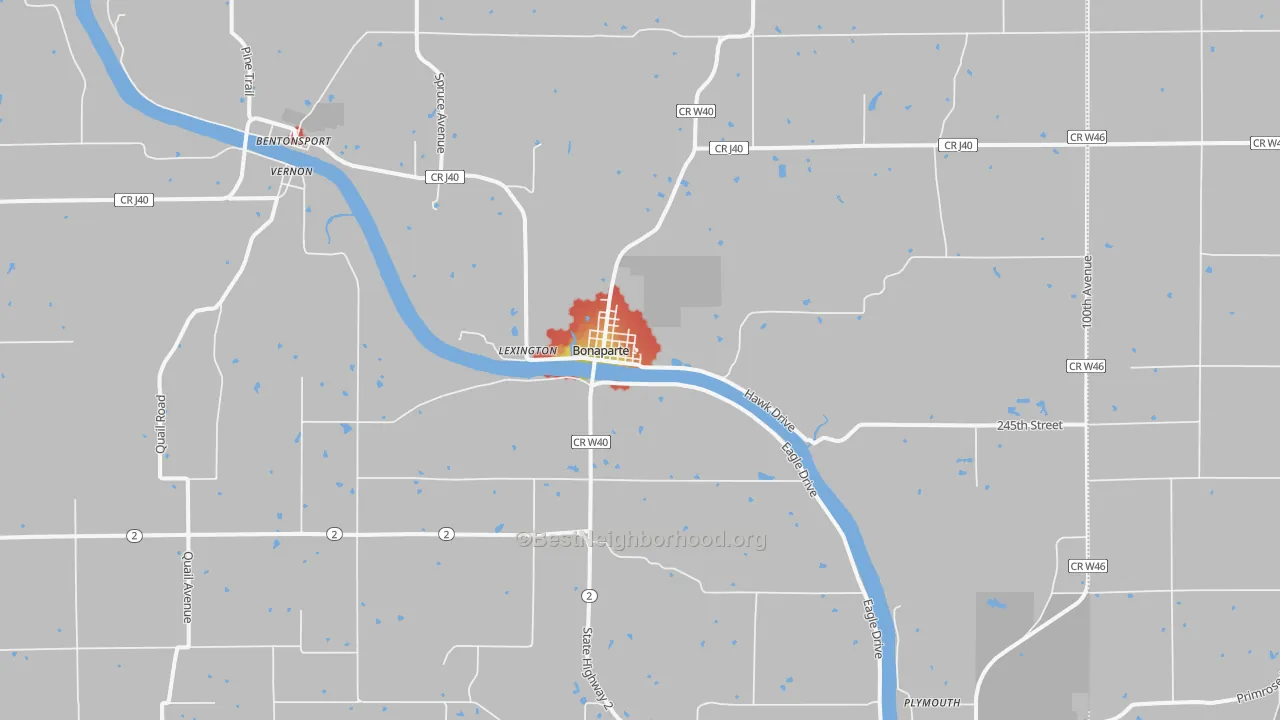 Walk Grade map of Bonaparte, IA, walkable areas in green and car-dependent areas in red