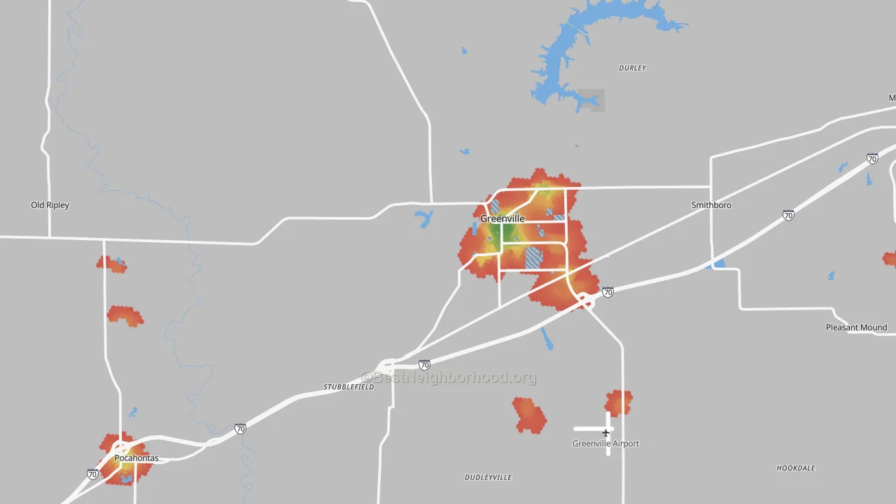 Walk Grade map of Bond County, IL, walkable areas in green and car-dependent areas in red