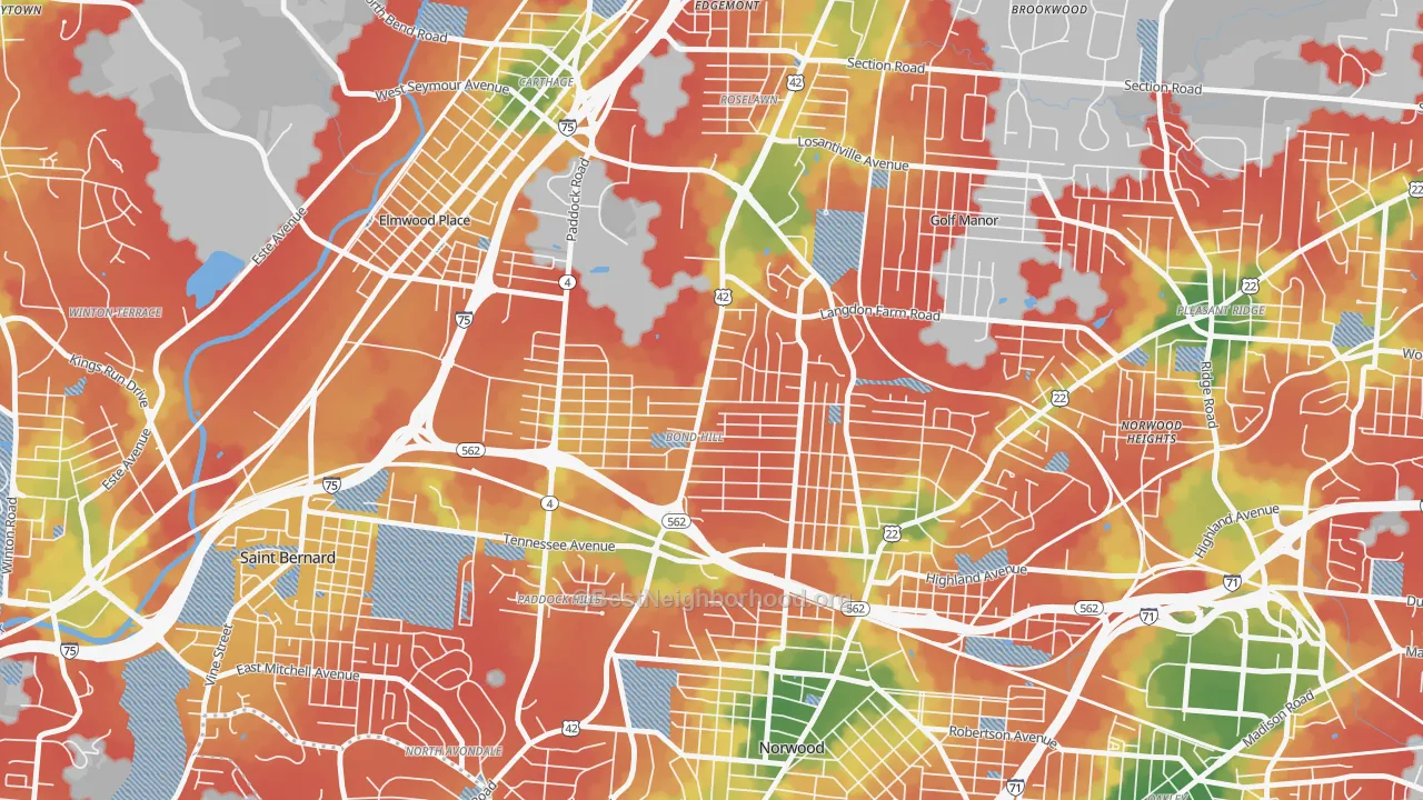 Walk Grade map of Bond Hill, Cincinnati, OH, walkable areas in green and car-dependent areas in red