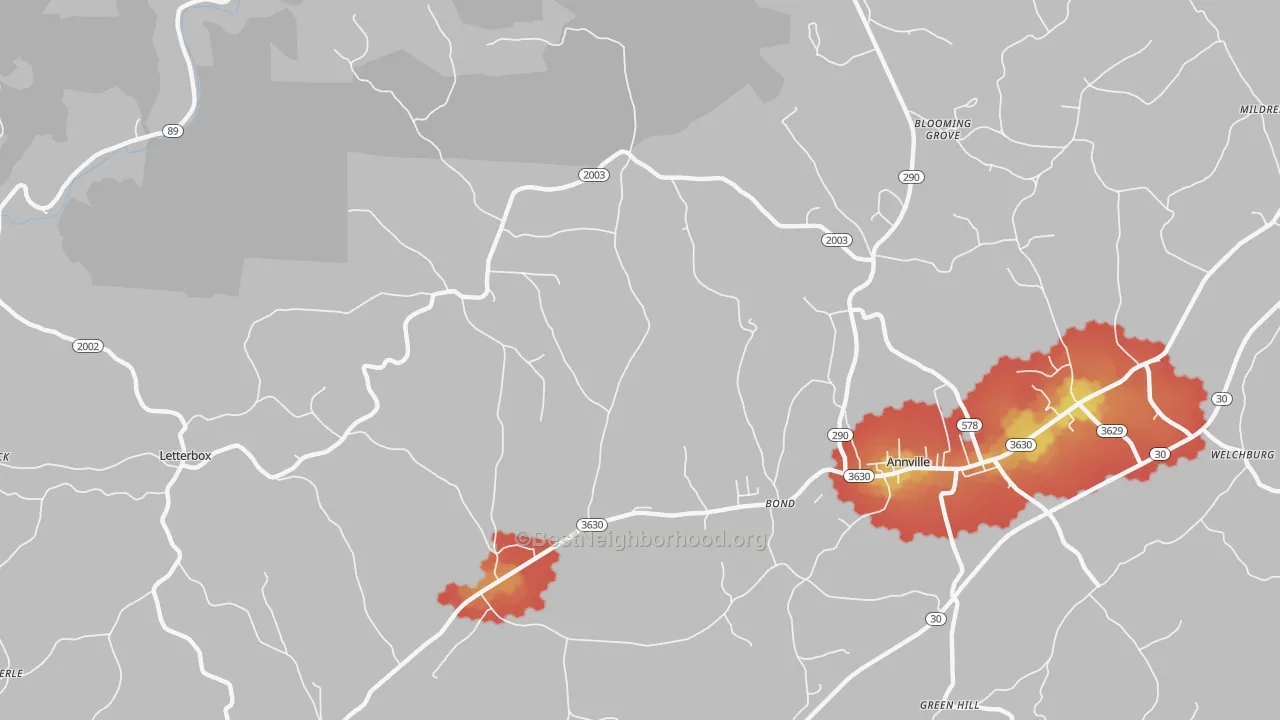 Walk Grade map of Bond, KY, walkable areas in green and car-dependent areas in red