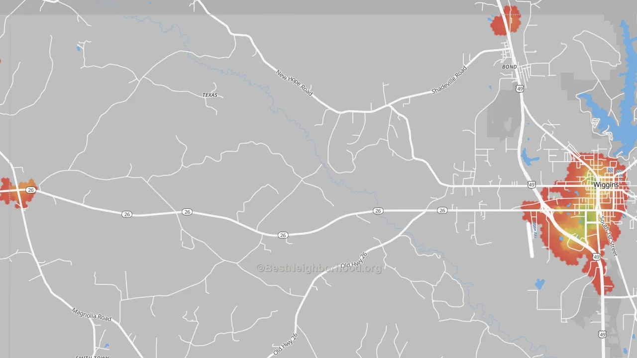 Walk Grade map of Bond, MS, walkable areas in green and car-dependent areas in red