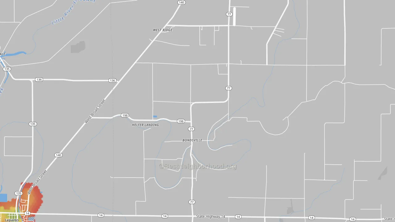 Walk Grade map of Bondsville, AR, walkable areas in green and car-dependent areas in red