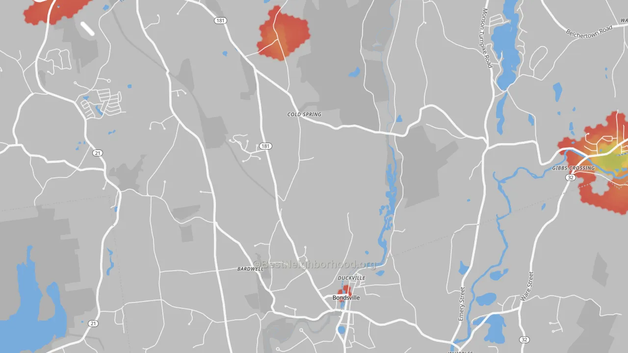 Walk Grade map of Bondsville, MA, walkable areas in green and car-dependent areas in red