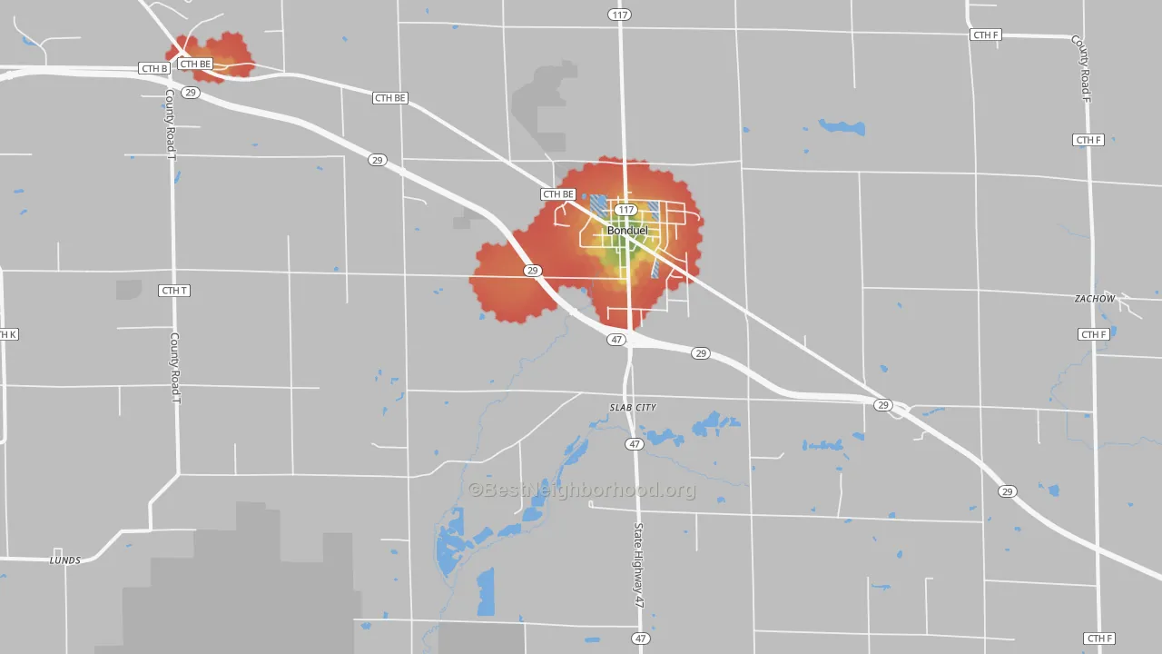 Walk Grade map of Bonduel, WI, walkable areas in green and car-dependent areas in red