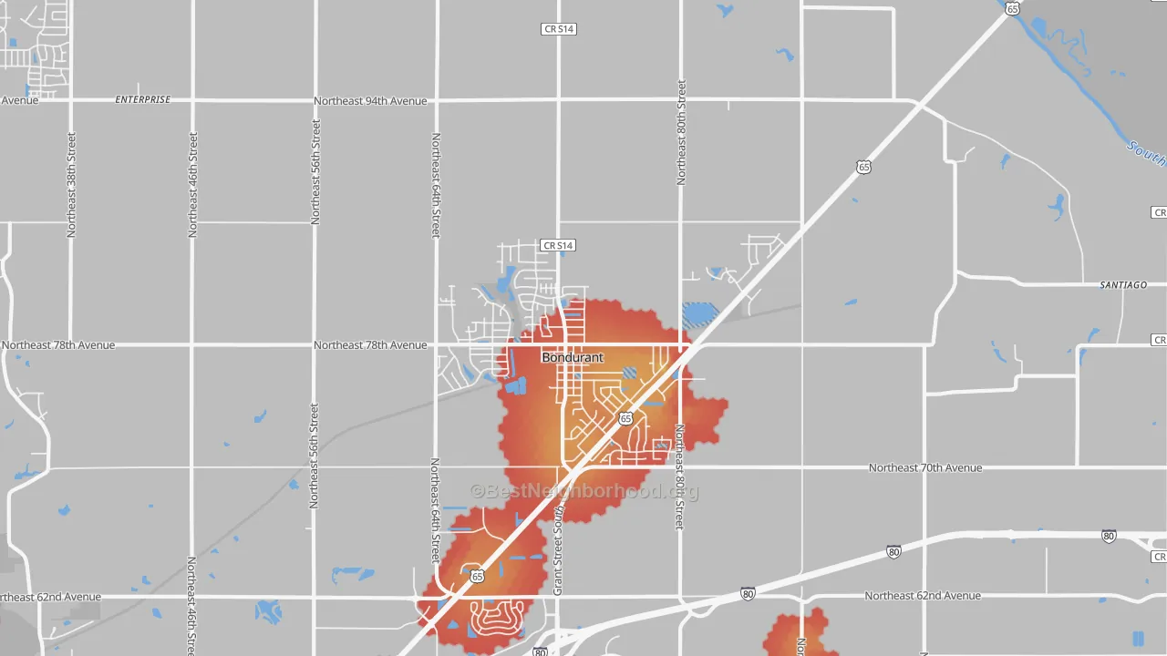 Walk Grade map of Bondurant, IA, walkable areas in green and car-dependent areas in red