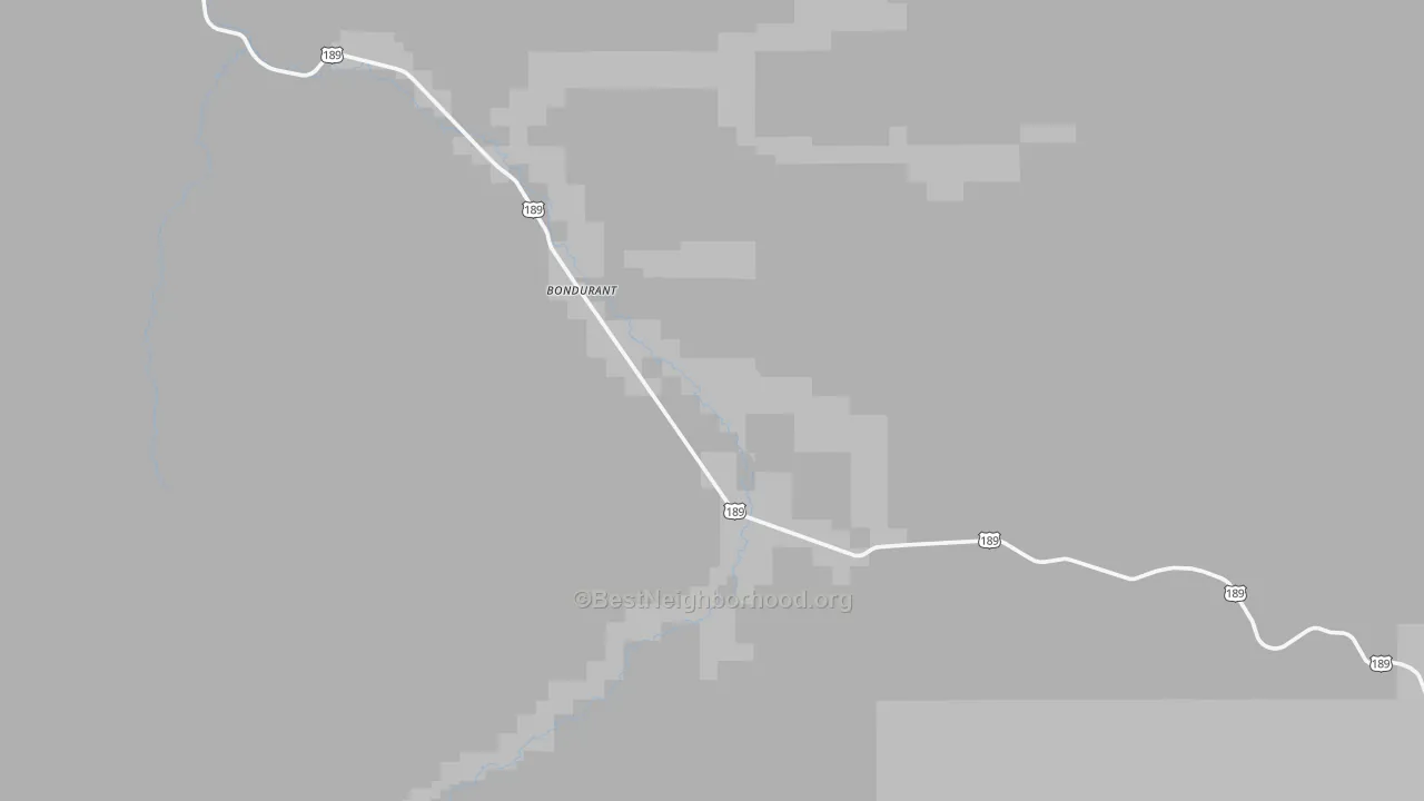 Walk Grade map of Bondurant, WY, walkable areas in green and car-dependent areas in red