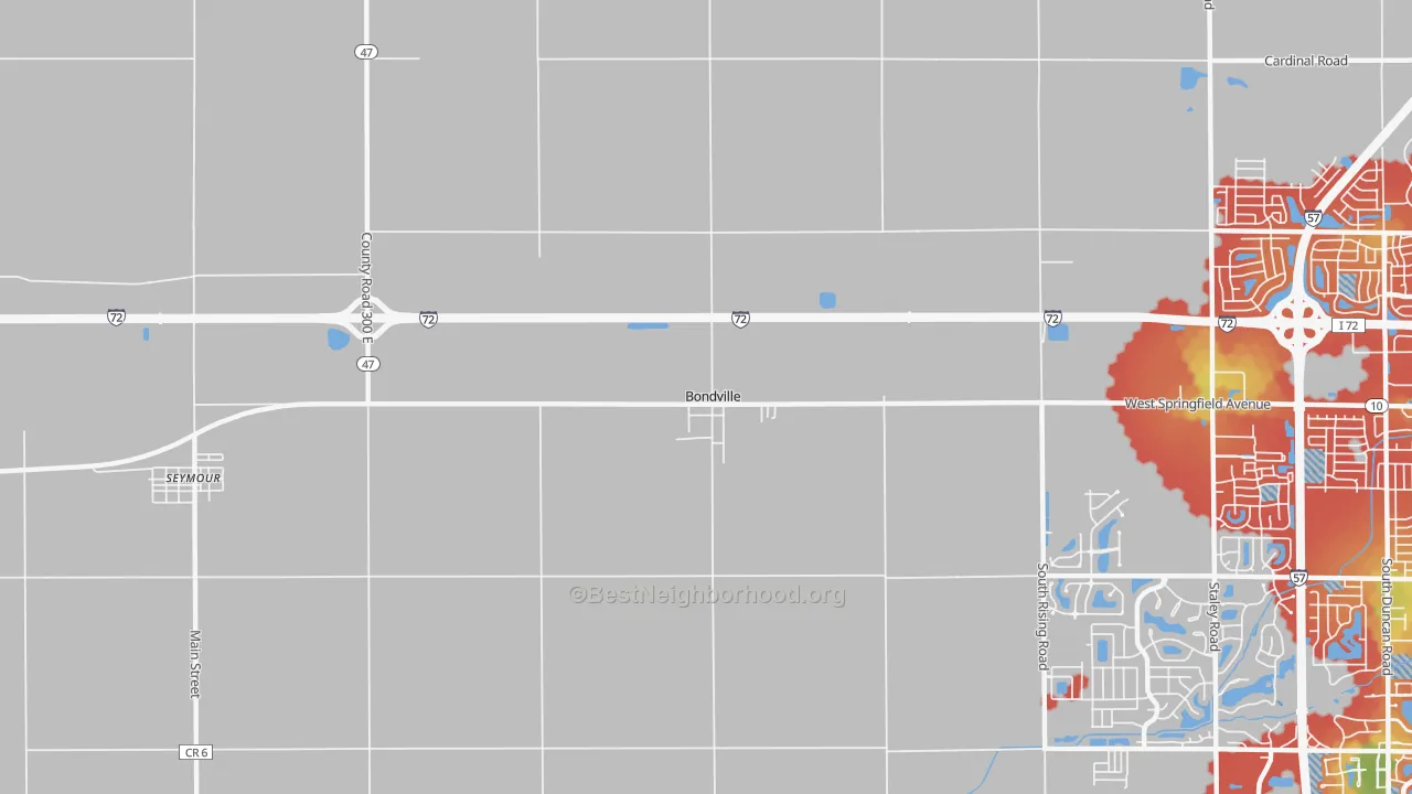 Walk Grade map of Bondville, IL, walkable areas in green and car-dependent areas in red