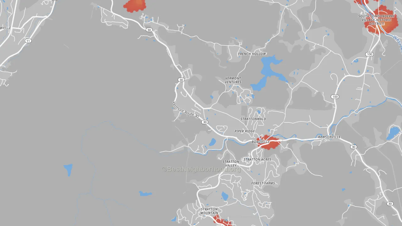 Walk Grade map of Bondville, VT, walkable areas in green and car-dependent areas in red