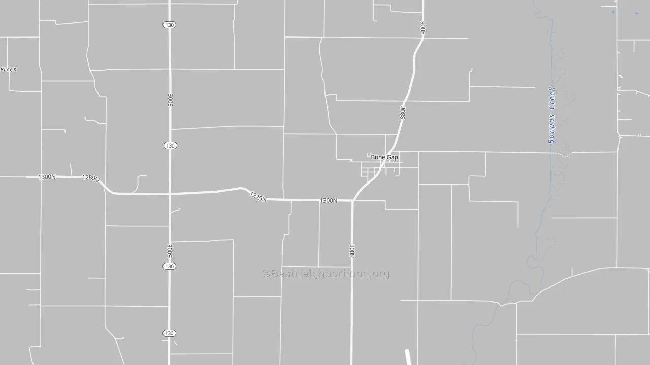 Walk Grade map of Bone Gap, IL, walkable areas in green and car-dependent areas in red