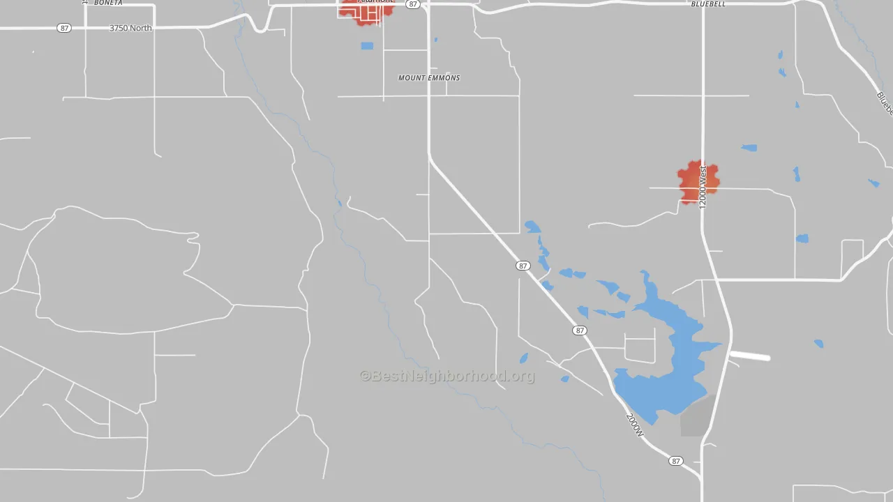 Walk Grade map of Boneta, UT, walkable areas in green and car-dependent areas in red
