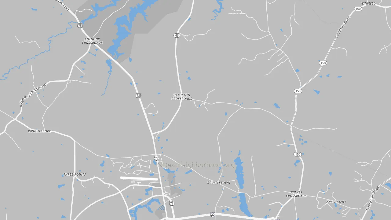 Walk Grade map of Boneville, GA, walkable areas in green and car-dependent areas in red