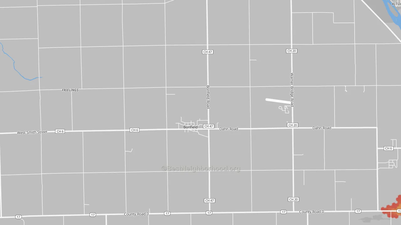 Walk Grade map of Bonfield, IL, walkable areas in green and car-dependent areas in red