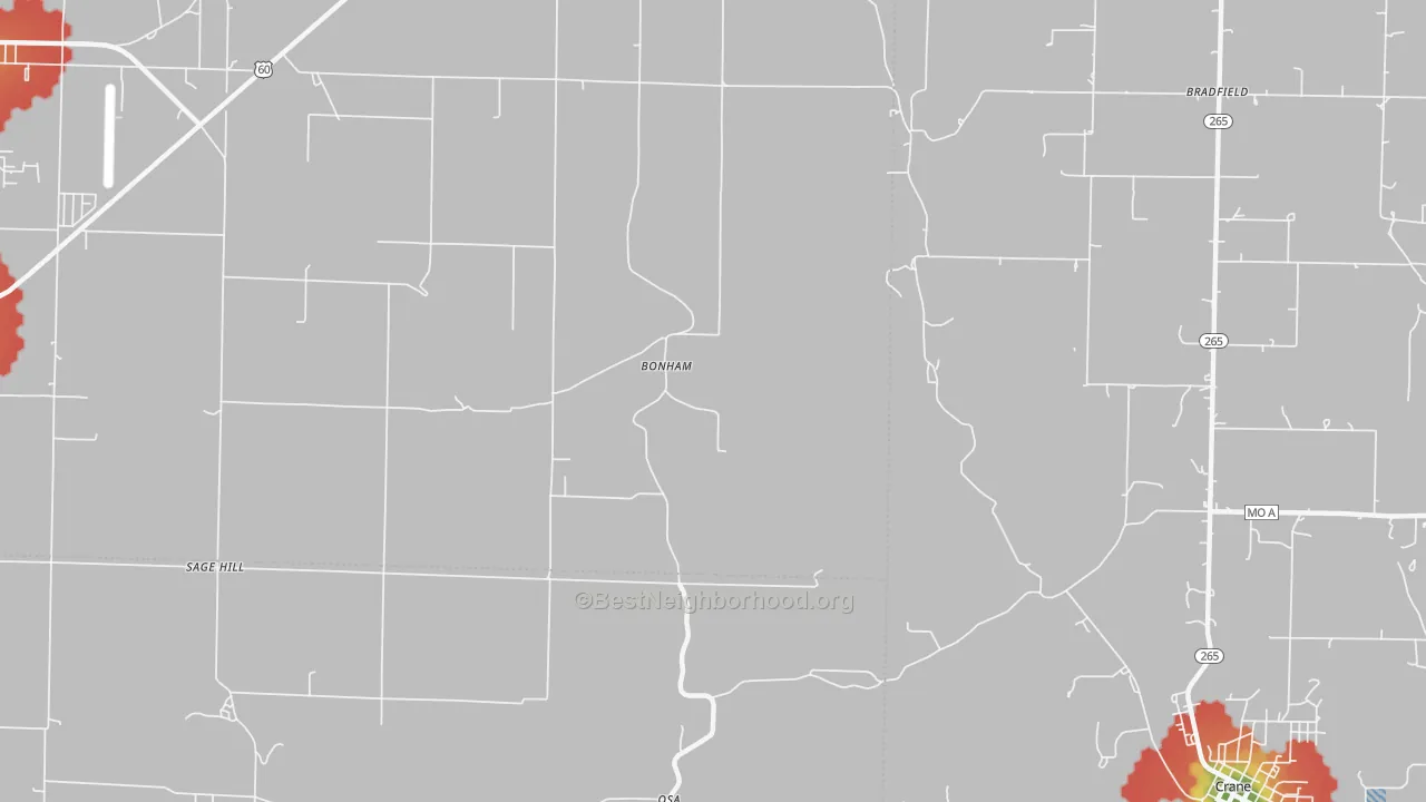 Walk Grade map of Bonham, MO, walkable areas in green and car-dependent areas in red