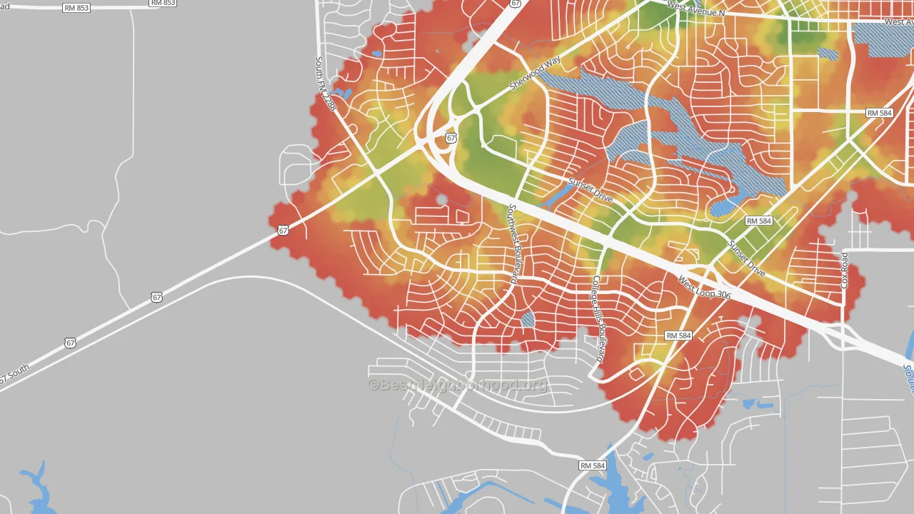 Walk Grade map of Bonham, San Angelo, TX, walkable areas in green and car-dependent areas in red