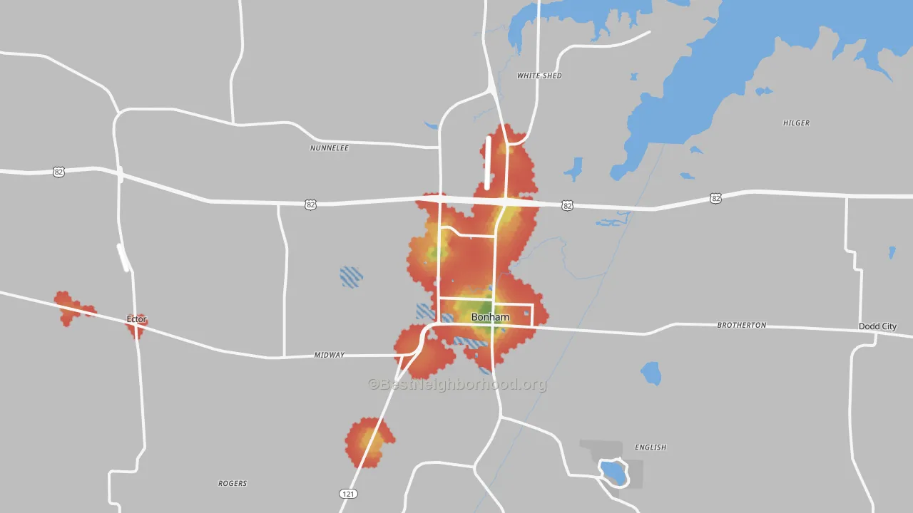 Walk Grade map of Bonham, TX, walkable areas in green and car-dependent areas in red