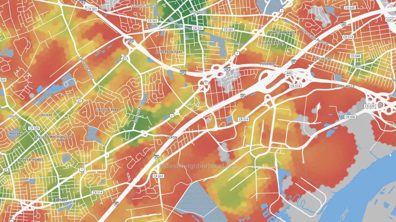 Walk Grade map of Bonhamtown, Edison, NJ, walkable areas in green and car-dependent areas in red